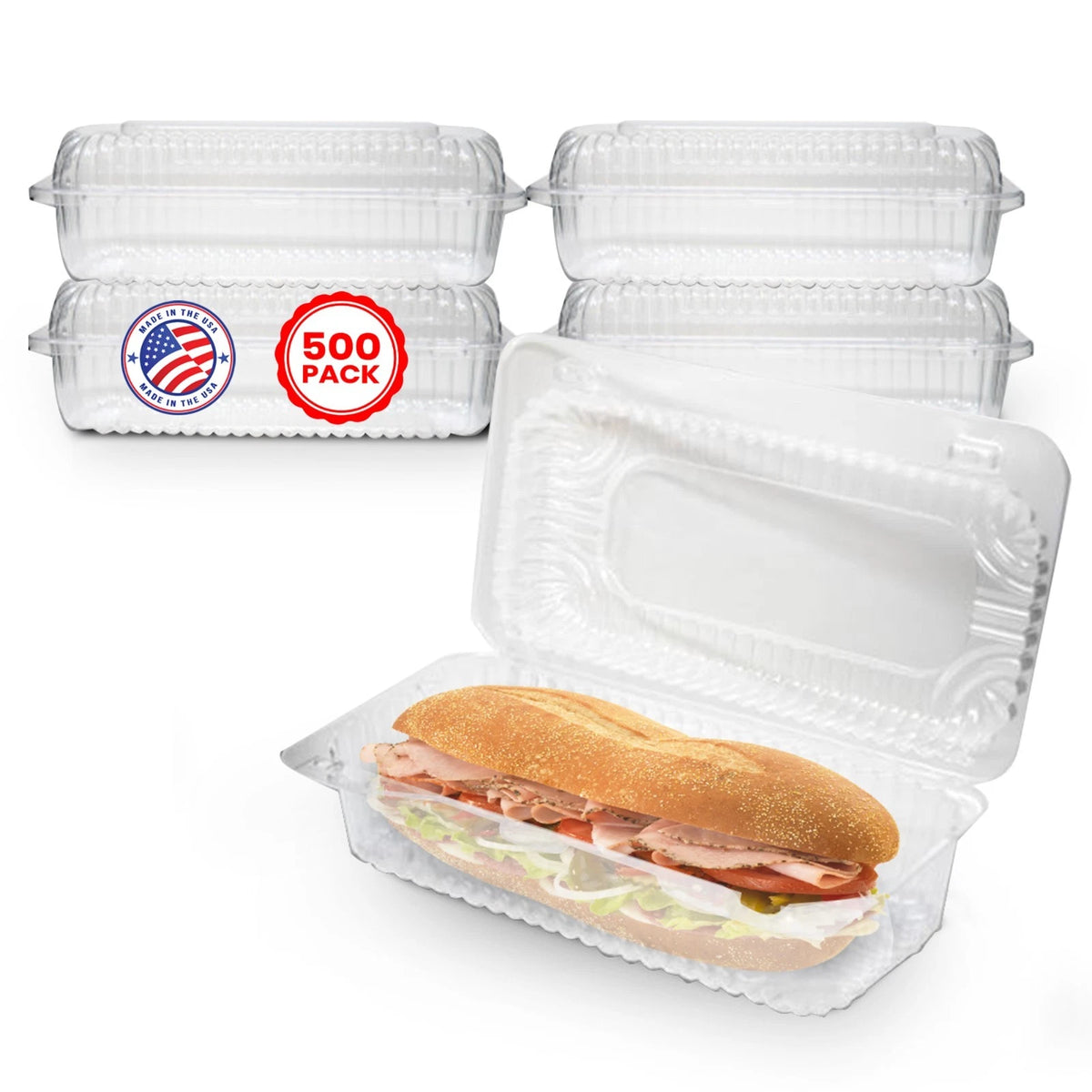 Pack of 500 Plastic Hoagie Containers 8.5" x 4.5" x 2"