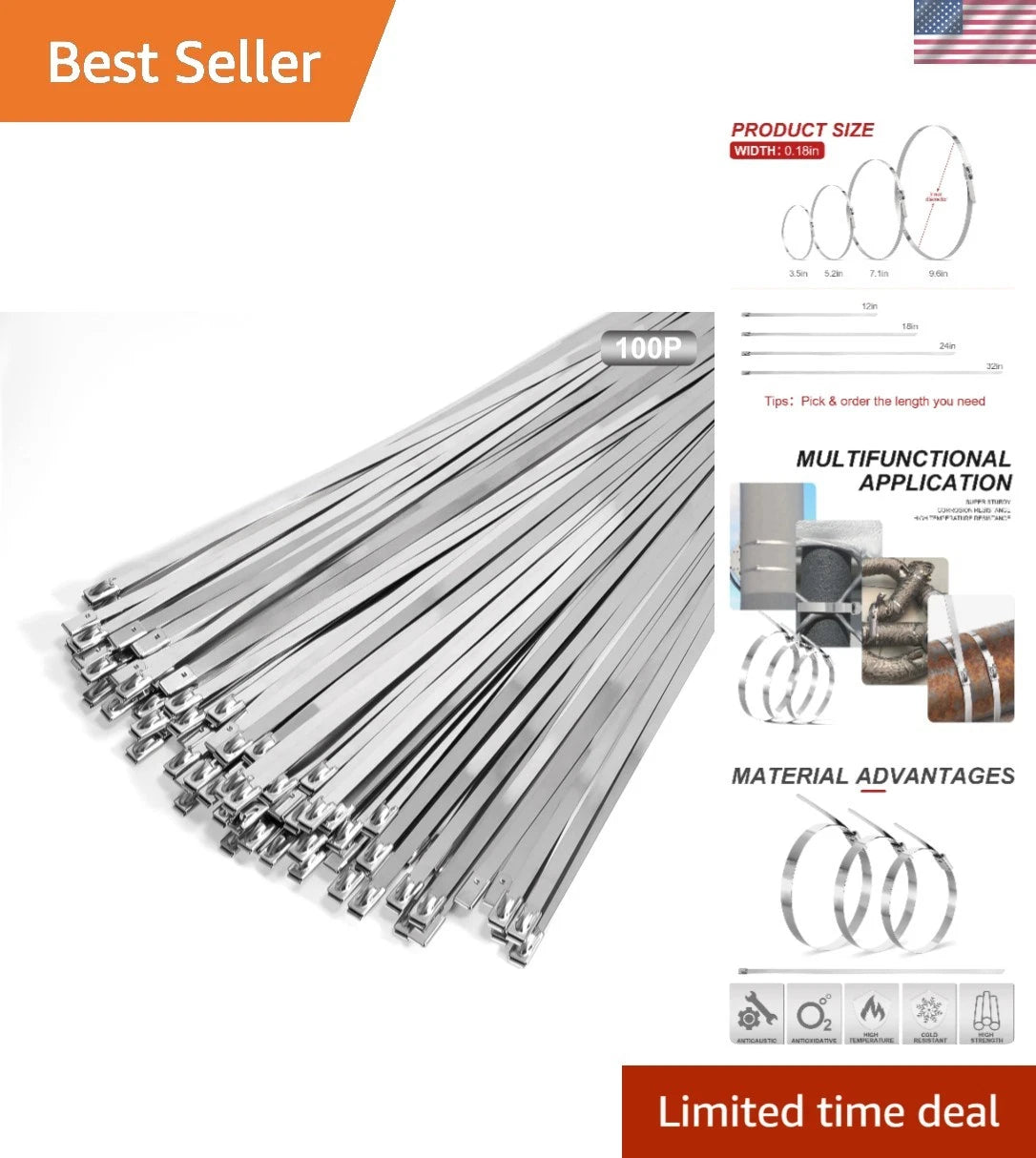 100 Pack Heavy Duty UV Resistant 24 Inch Zip Ties