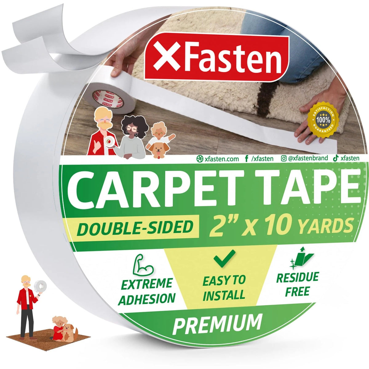 Carpet Tape 2”x10yds for Hardwood Floors - No Residue Rug Tape