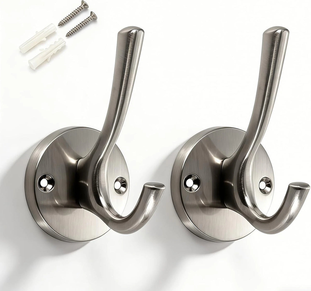 Set of 2 Towel Hooks for Bathroom - Brushed Nickel Wall Coat Hooks
