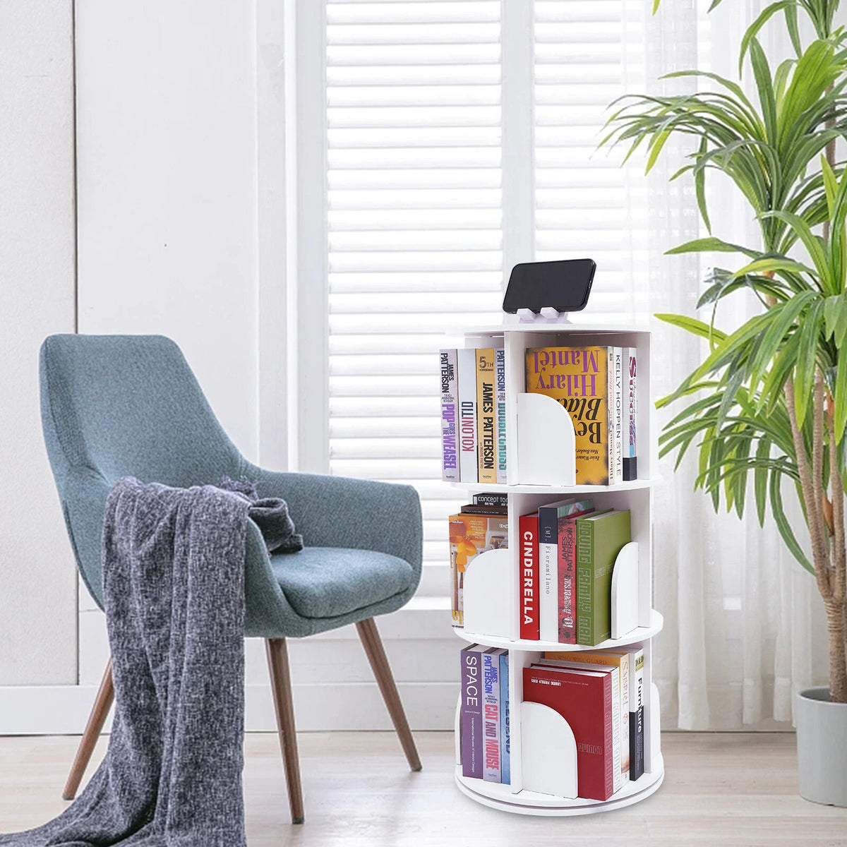 3-Tier Rotating Bookshelf Organizer Shelf - Stackable Floor Standing