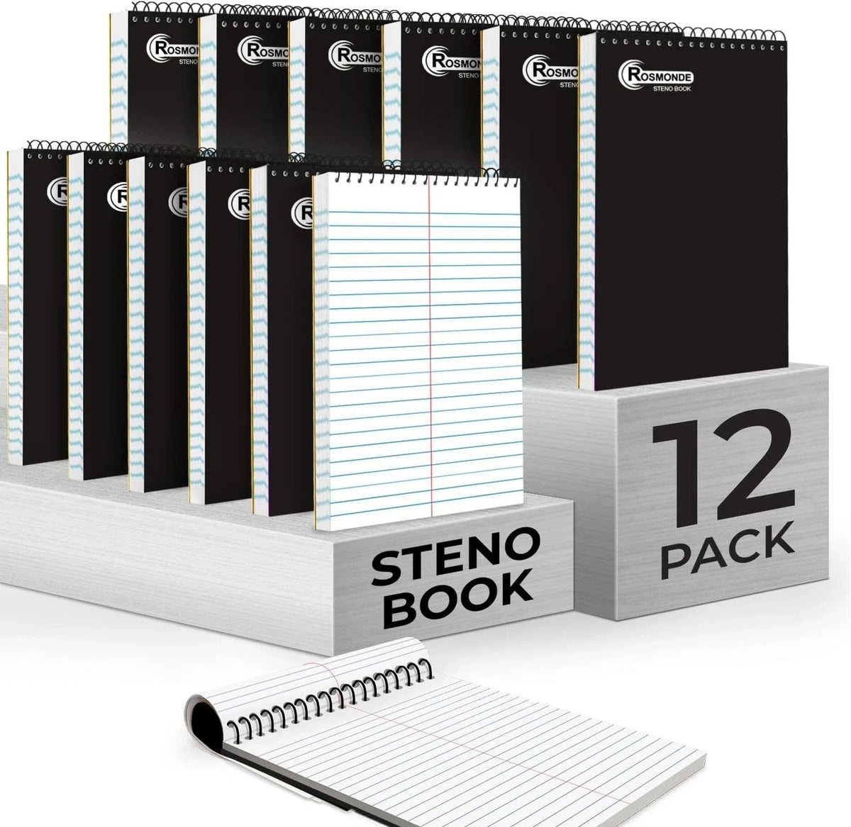 12 Pack Spiral Steno Pads 6x9 Gregg Rule Black