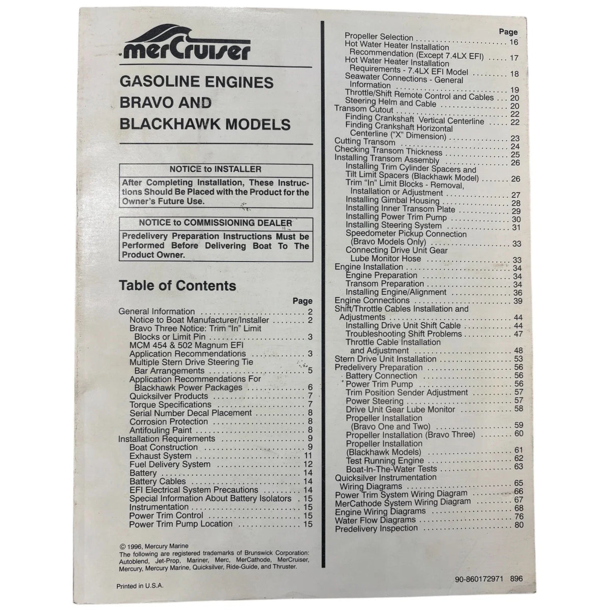 MerCruiser Installation Manual for Bravo Blackhawk Gasoline Engine (90-860172971)