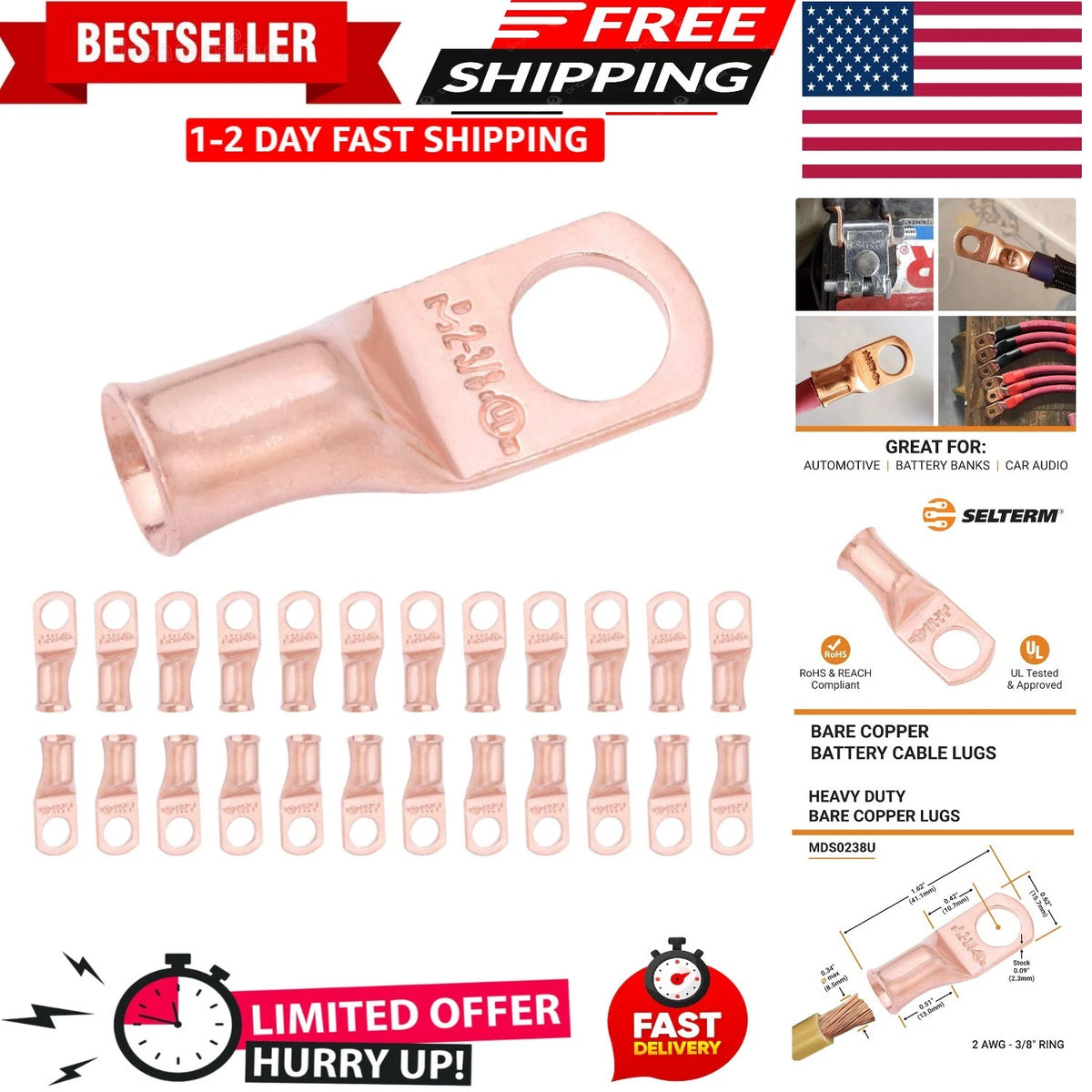 25pcs 2 AWG 3/8" Stud Battery Lugs Ring Terminals Heavy Duty Copper