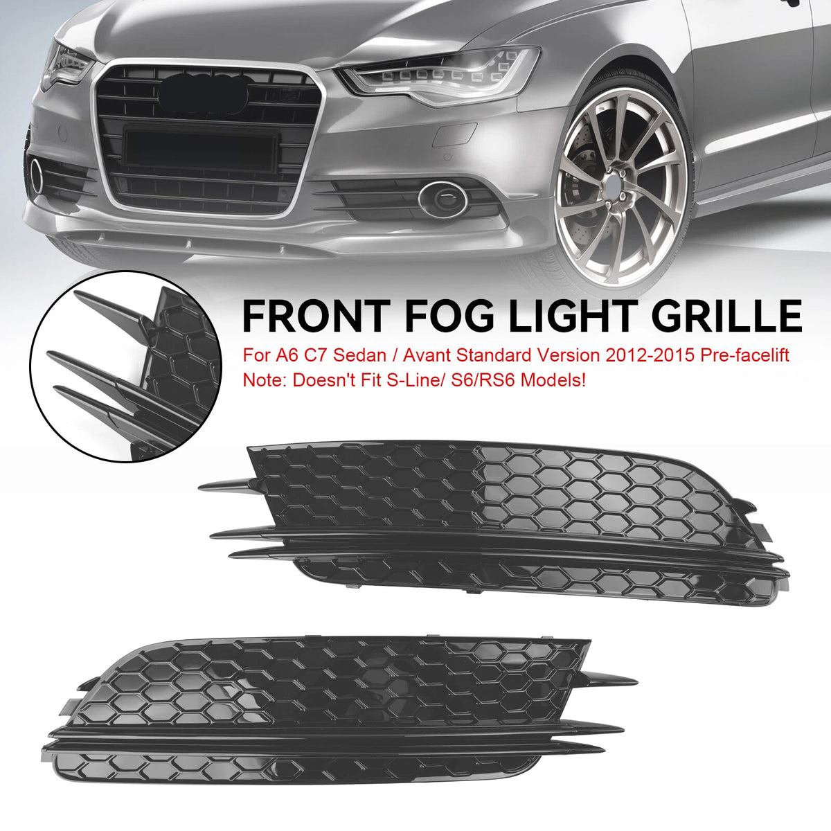 2X Front Fog Light Cover Bezel Grille for Audi A6 4G C7 (2012–2015)