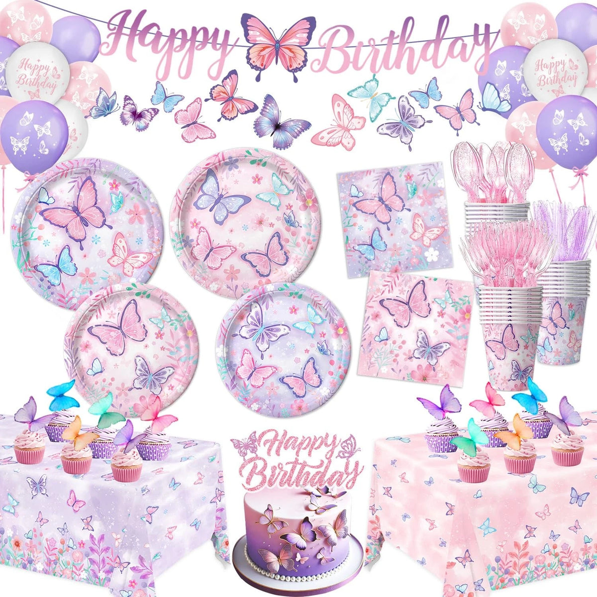 Butterfly Birthday Decorations Set for Girls - Pink Plates