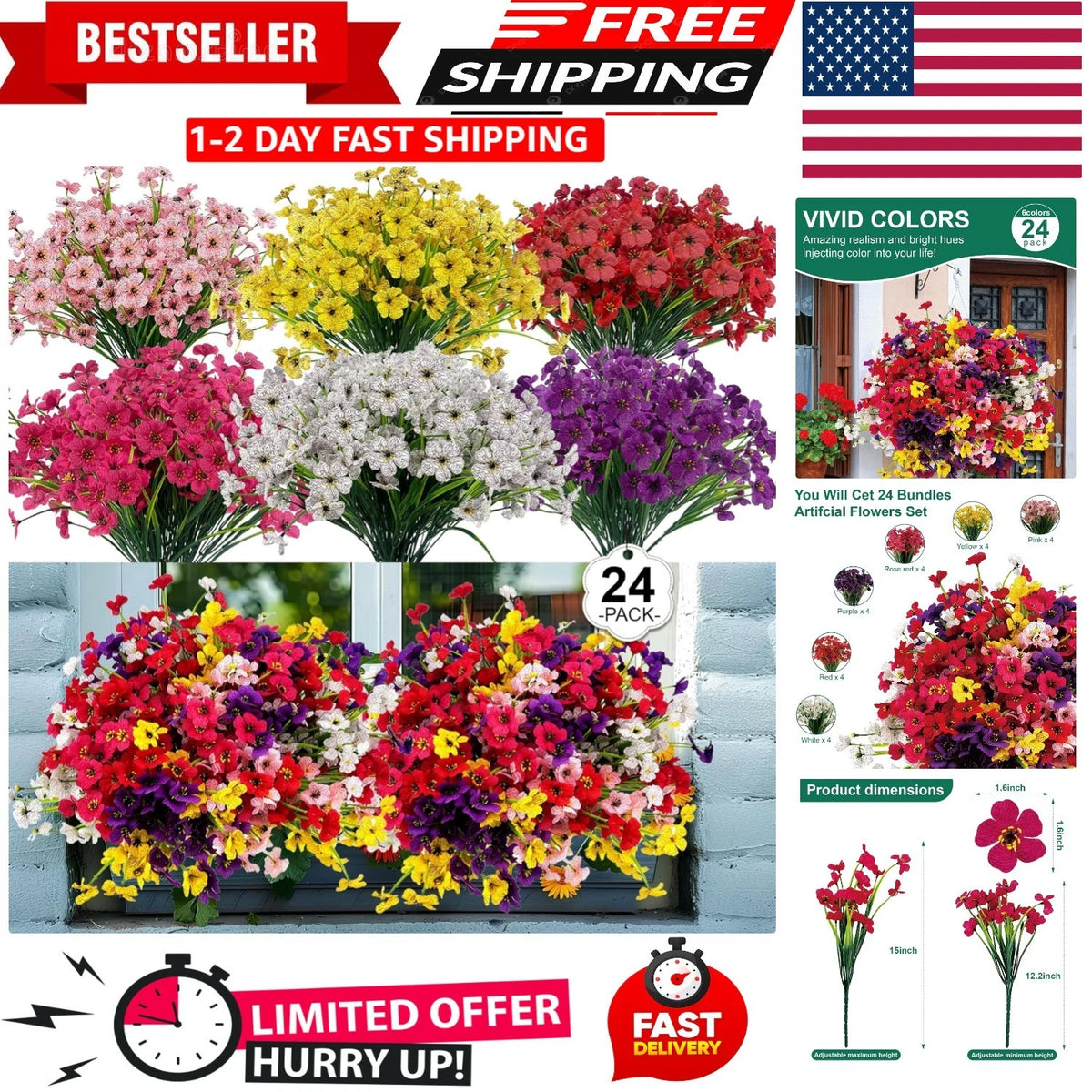24 Bundles Artificial Flowers for Outdoors - UV Resistant Faux Silk
