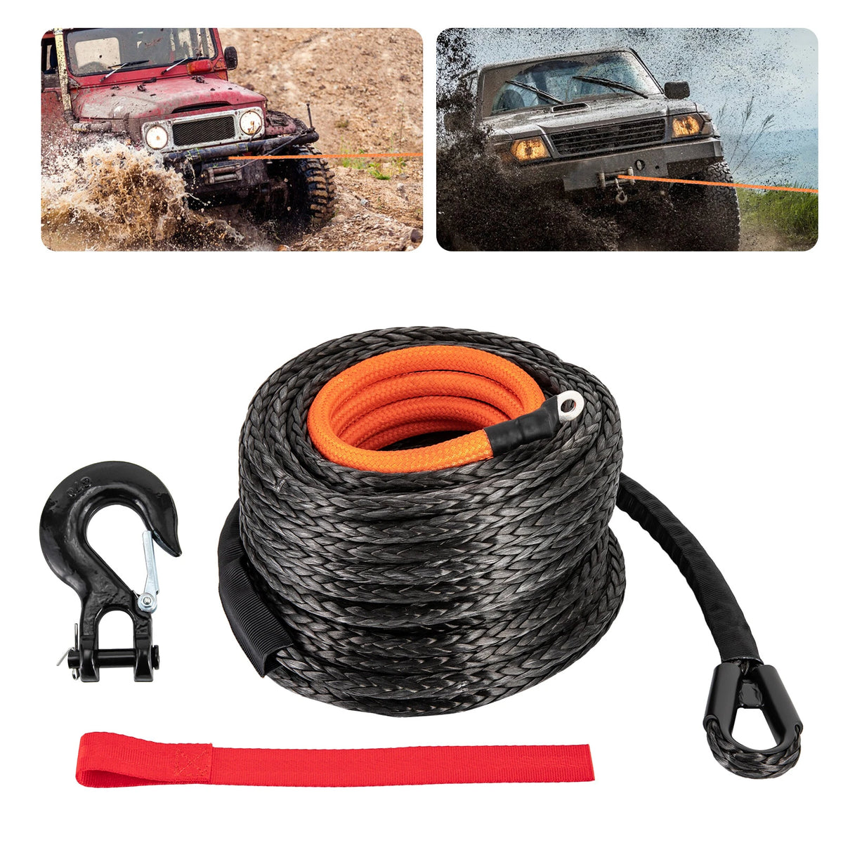3/8" x 92 ft Synthetic Winch Rope with Hook for Winches (25500 lbs)