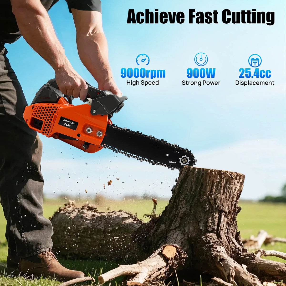 900W Gasoline Chainsaw for 25.4CC Engine (2-Stroke, 9000rpm)