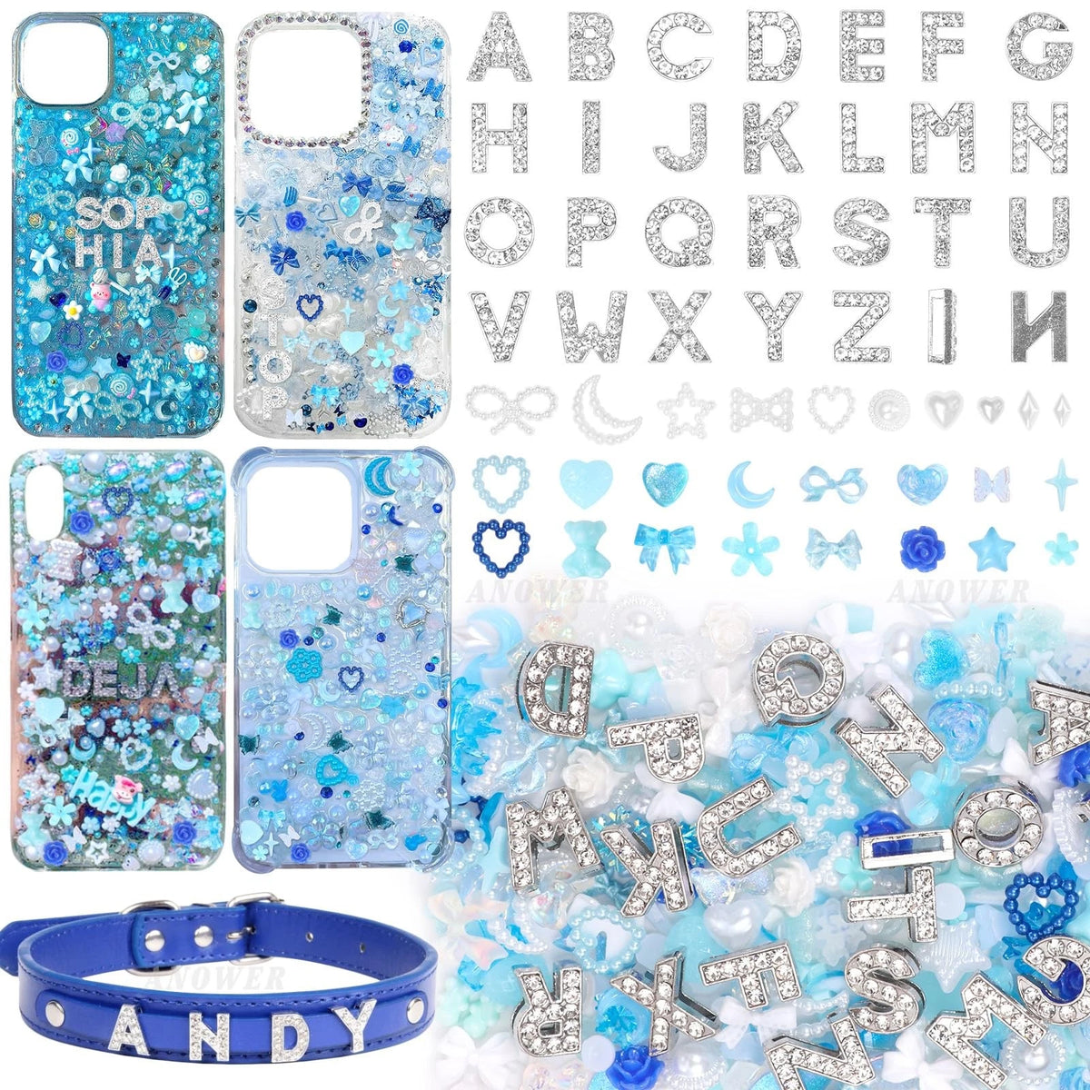 Set of 330 Blue Phone Case Charms with A-Z Rhinestones