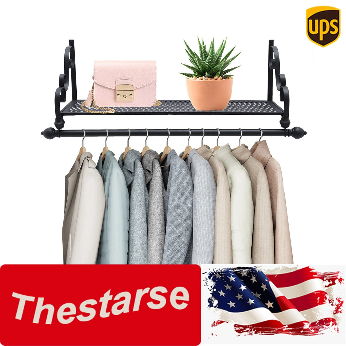Wall Mounted Wrought Iron Coat Rack Shelf for Closet (No Year Range)