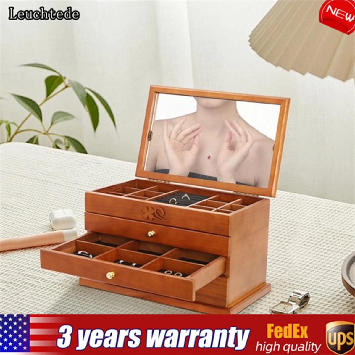 4-Layer Wooden Jewelry Box Organizer with 4 Drawers for Vintage Models