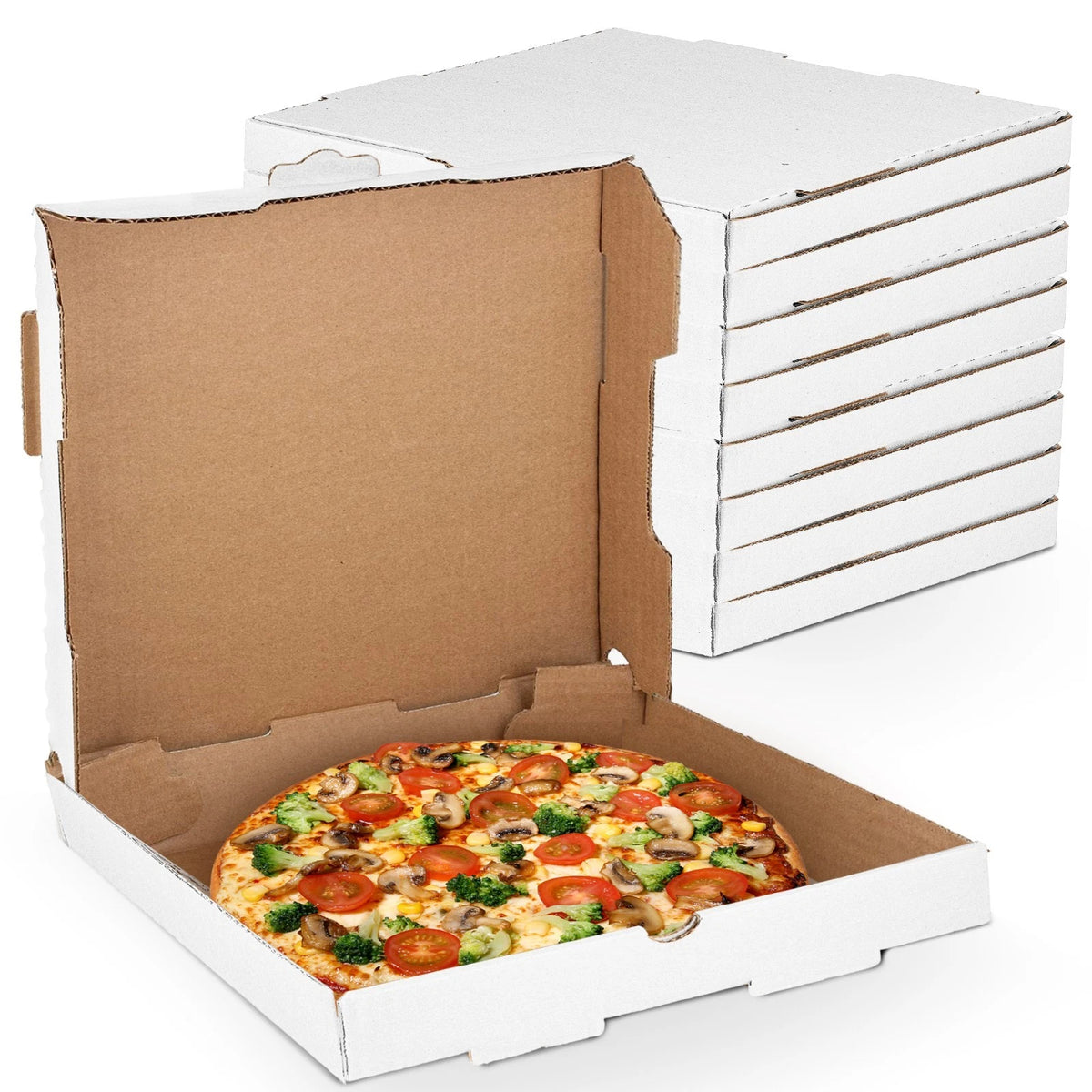 Pack of 10 White Pizza Boxes 16" x 16" x 2" B-Flute Cardboard