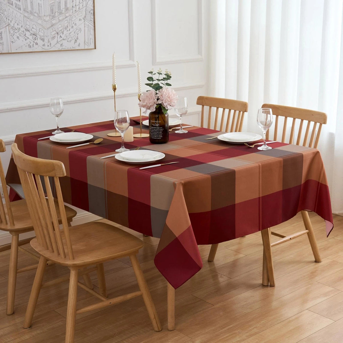 Brown Gingham 70" x 52" Rectangular Tablecloth for Home Decor