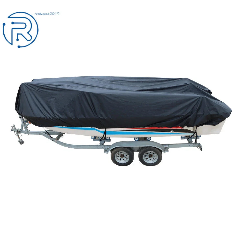 Boat Cover for 14-16FT V-Hull Tri-Hull Runabout (Waterproof, Black)