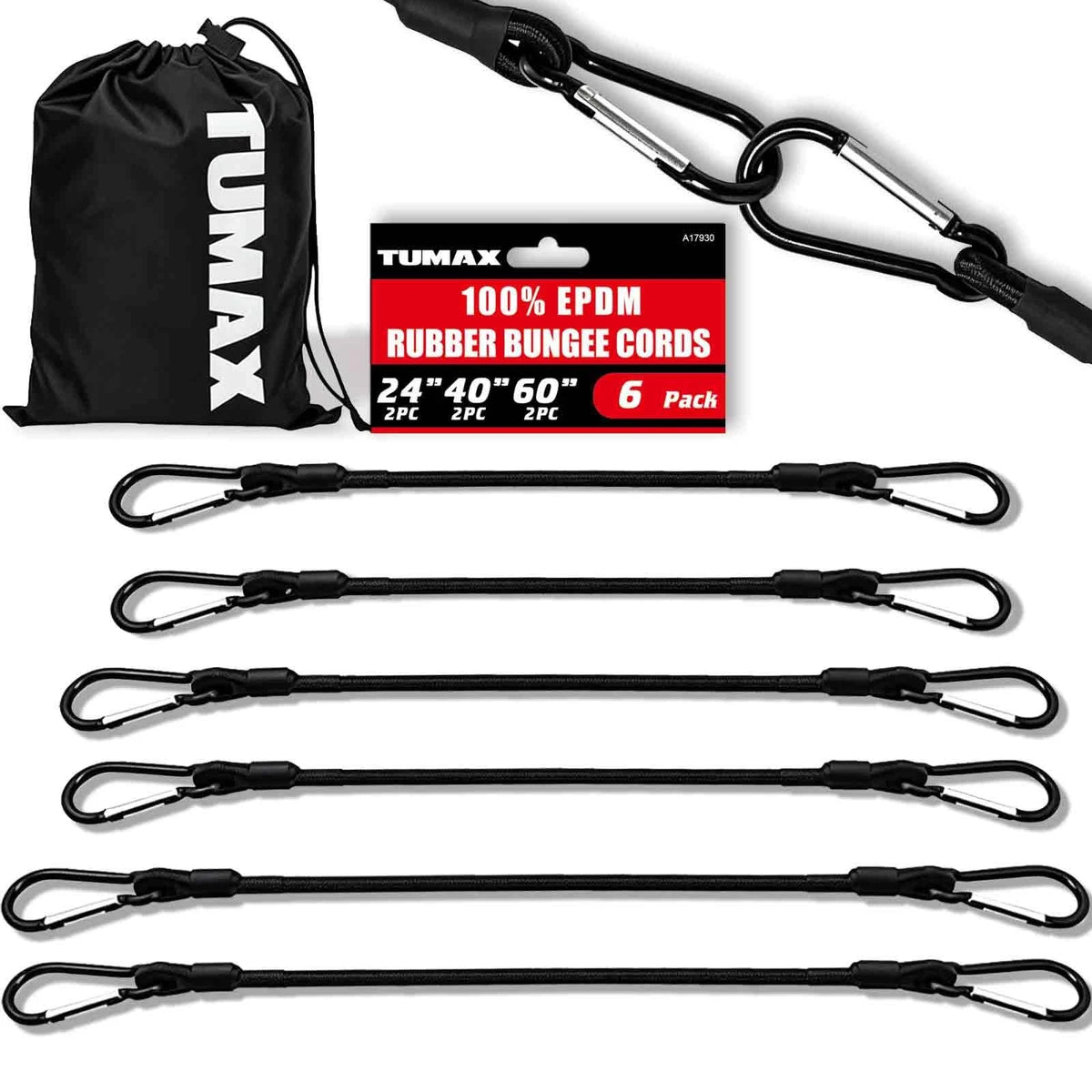6X Bungee Cords with Carabiner Hooks for Universal Use (24-60 inch)