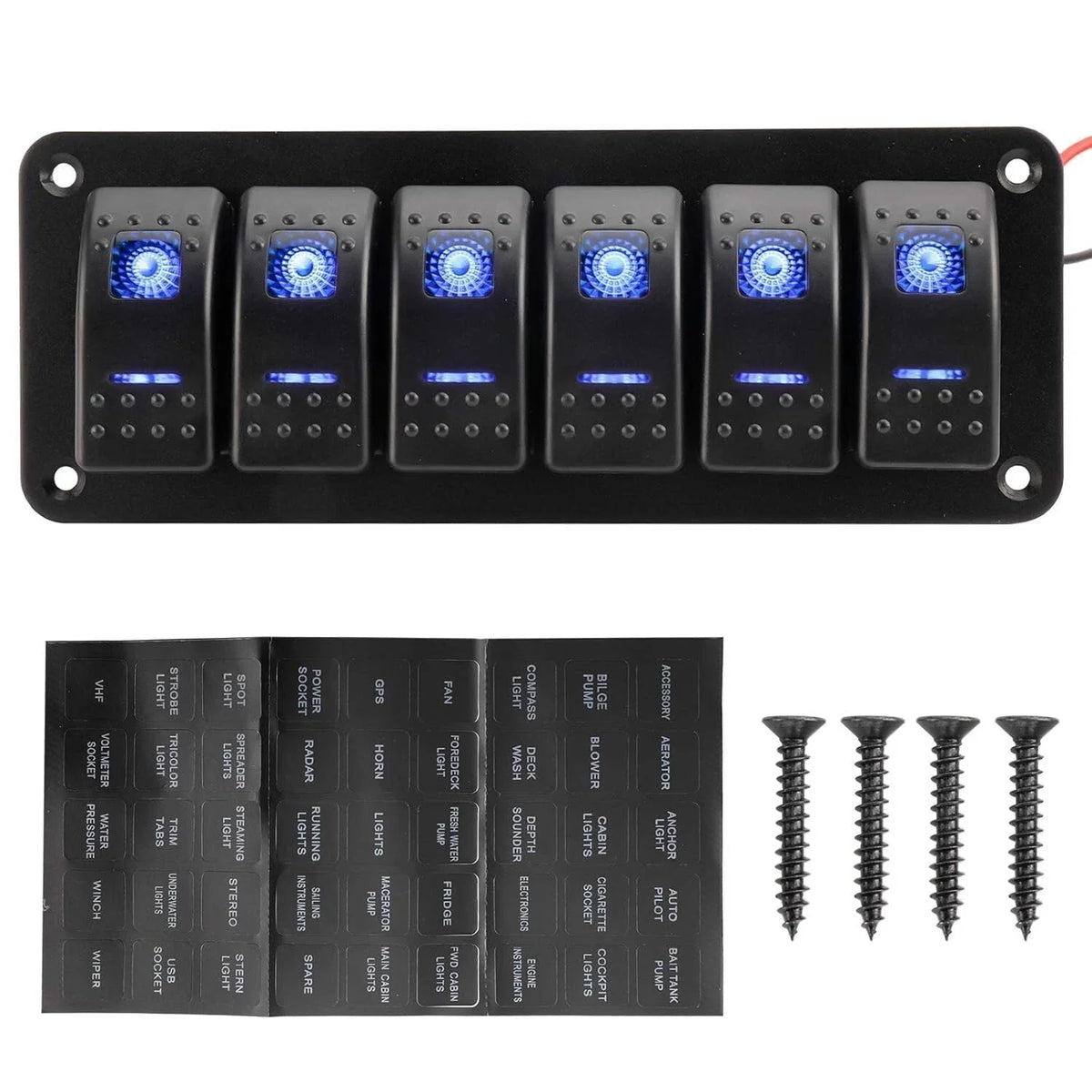6 Gang Rocker Switch Panel for Universal Vehicles (12-24V) - Blue LED, IP65