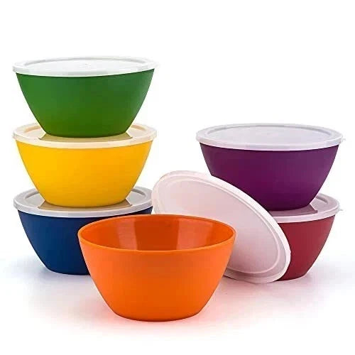 Set of 6 Plastic Bowls with Lids 6-inch Unbreakable Reusable
