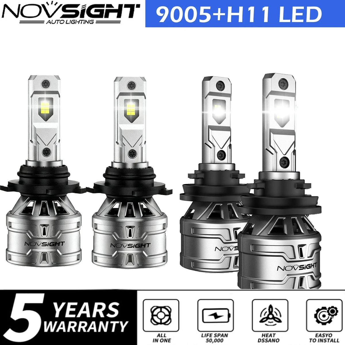2X NOVSIGHT 9005 H11 LED Headlight Bulbs Conversion Kit 6500K for