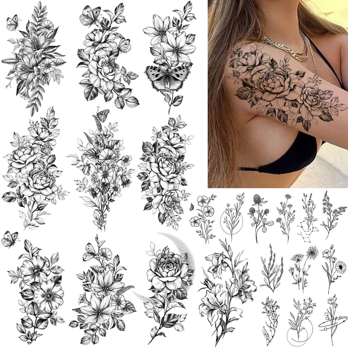 23 Sheets Flower Temporary Tattoos for Women