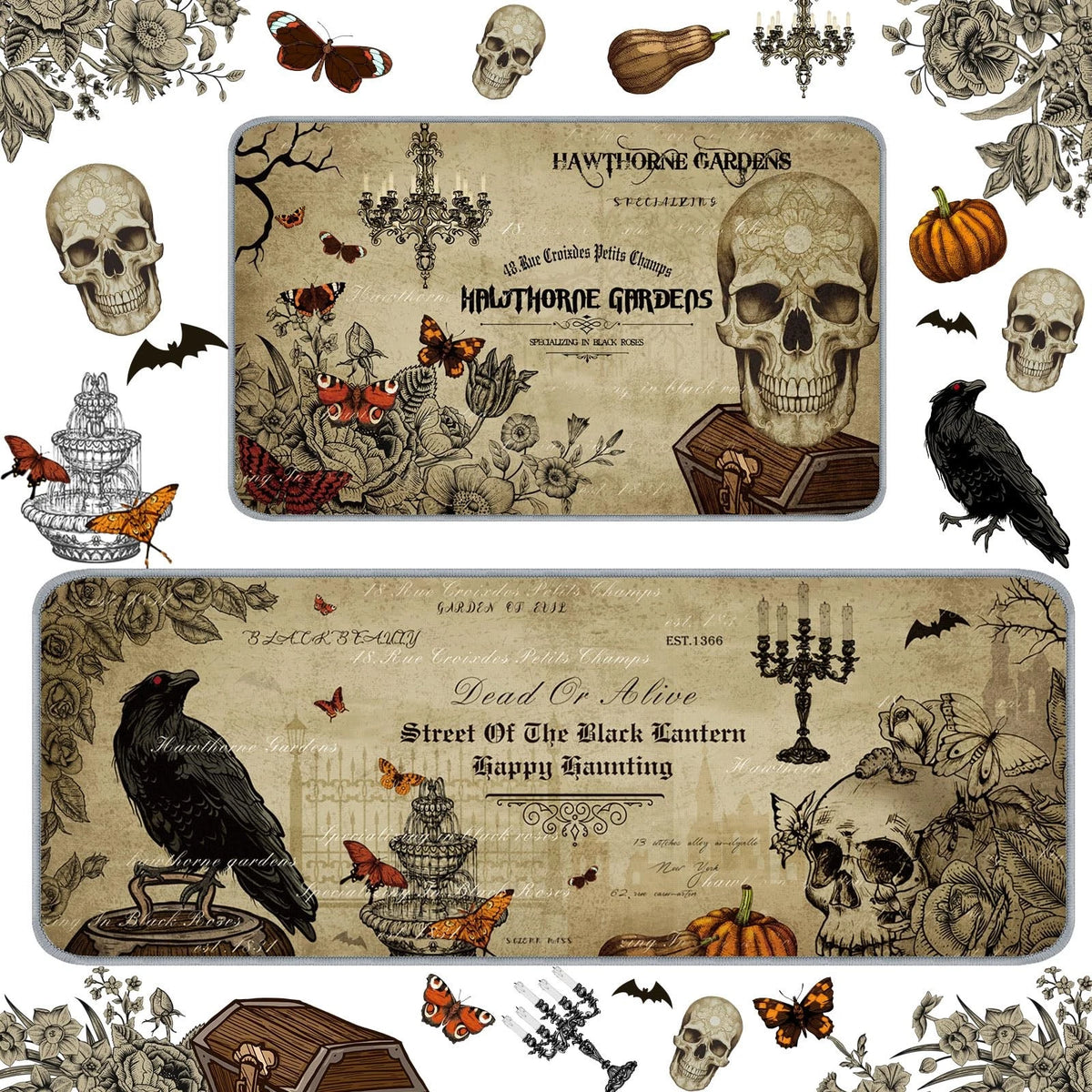 Set of 2 Halloween Rugs Witch Skeleton Pumpkin Kitchen Bathroom Floor Mat 17x47