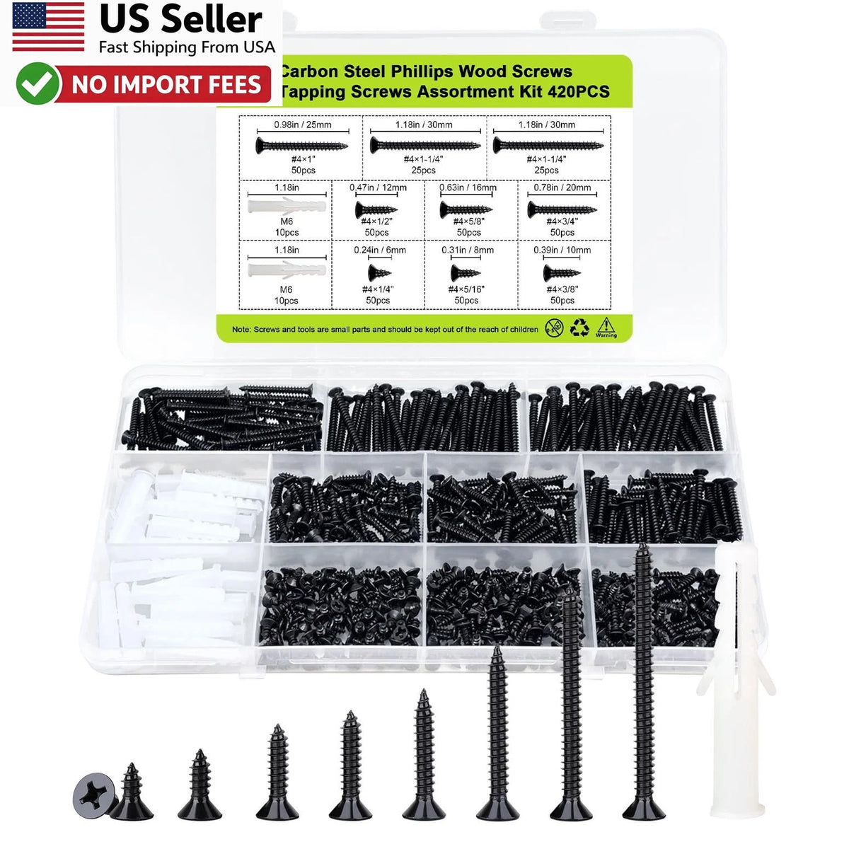4X Flat Head Small Wood Screws Assortment 420 Pcs Black Phillips