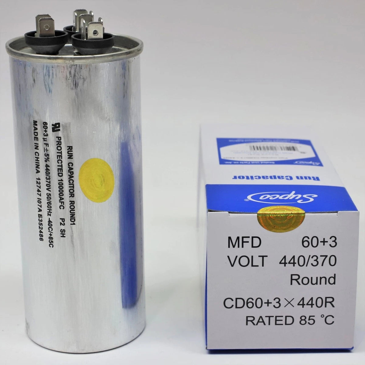 Dual Run Capacitor for HVAC Motor (60 + 3 MFD, 440 Volts)