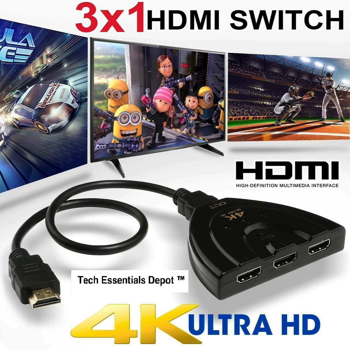 2K 4K HDMI Switch 3 In 1 Out Hub Splitter Adapter for HDTV Monitor PC