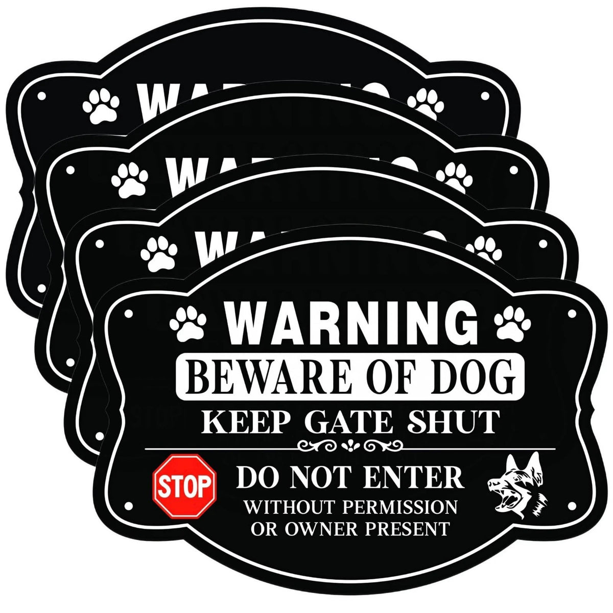 4X Beware of Dog Sign (10 x 7 Inch) - Black, White, Red