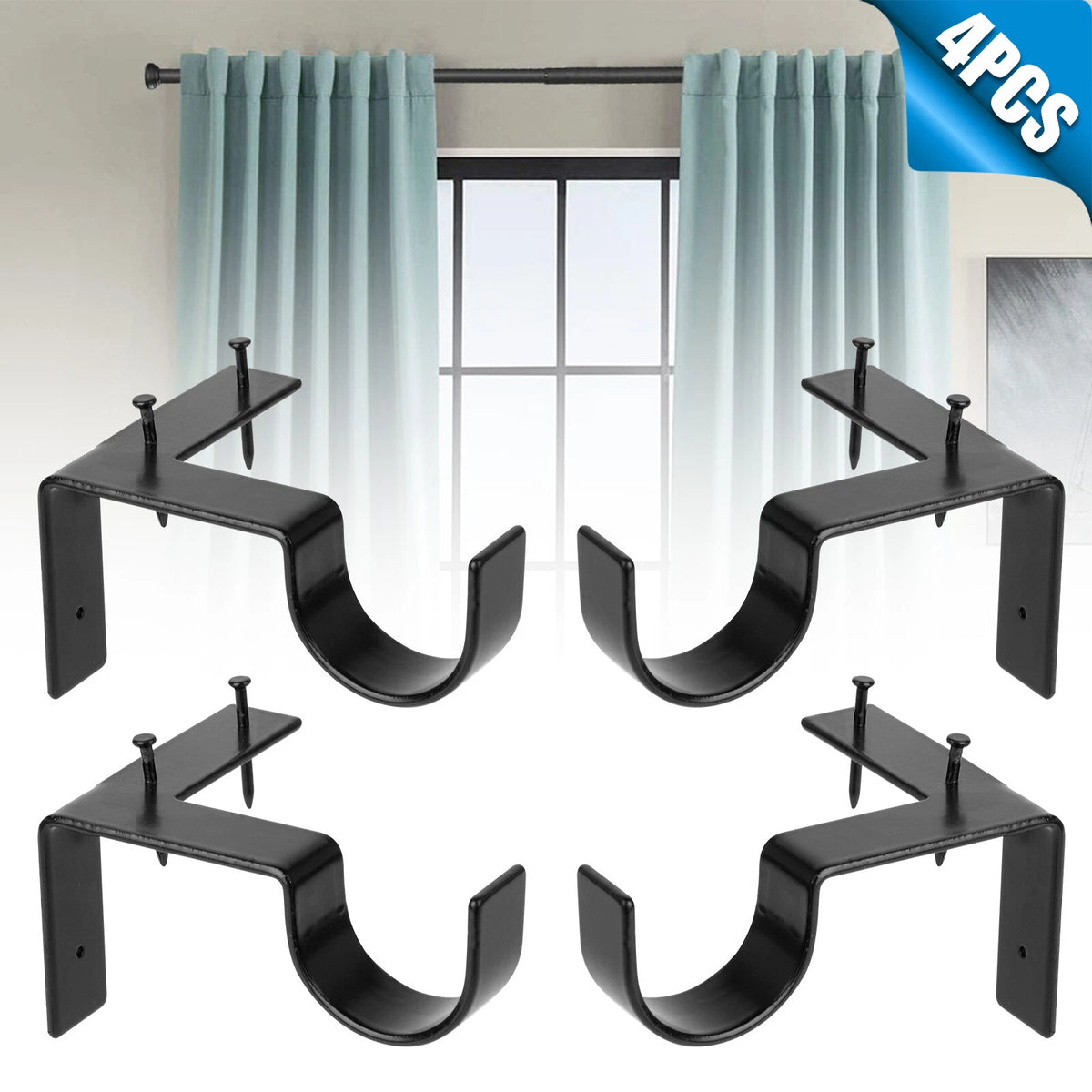 Set of 4 Curtain Pole Brackets for Wooden Window Frame