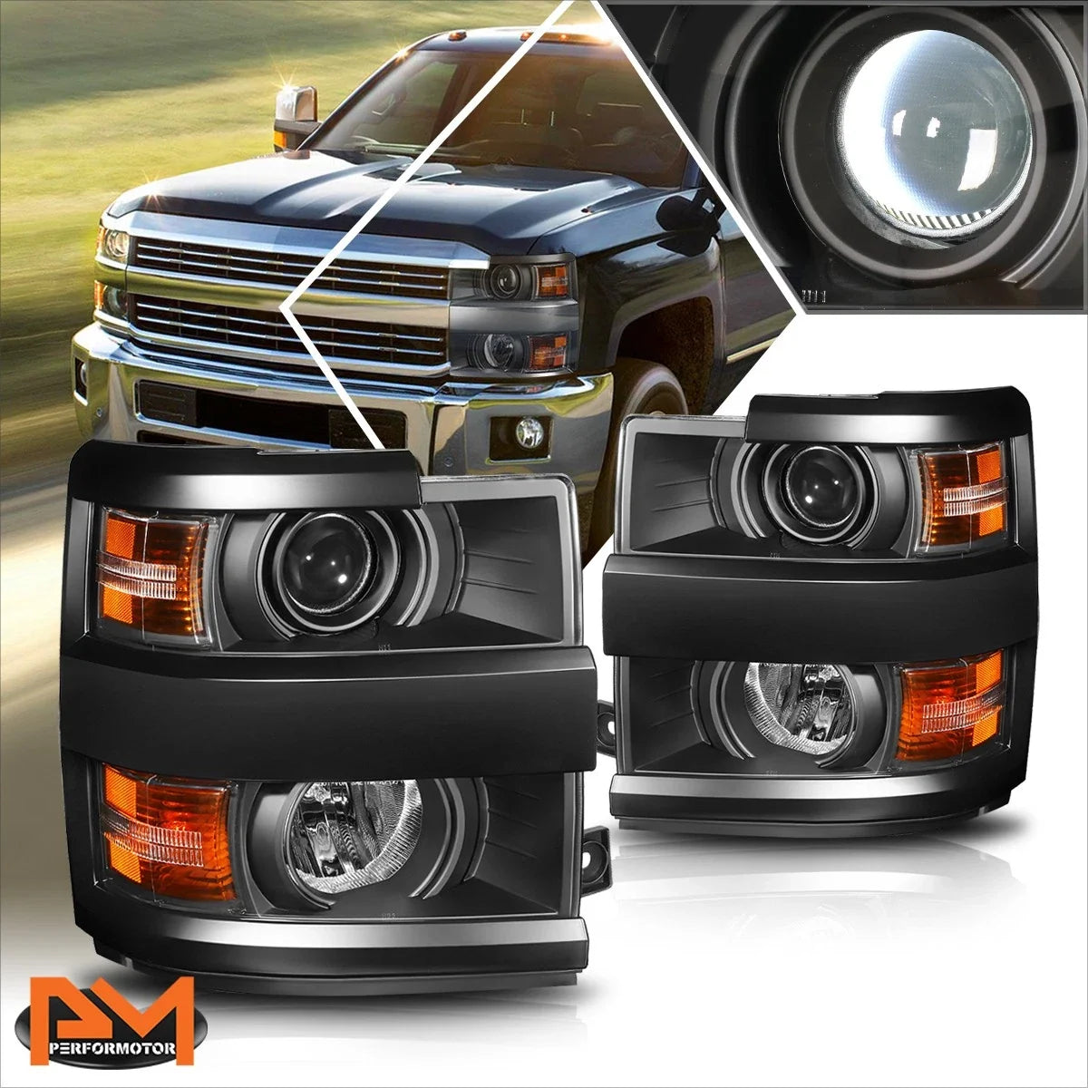 Projector Headlights for Chevy Silverado 2500HD/3500HD (2015–2019) Black Amber