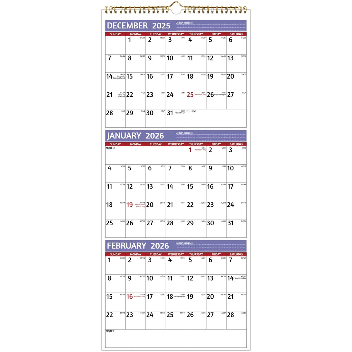 3 Month Wall Calendar for 2026 (Jan 2026 - Dec 2026)