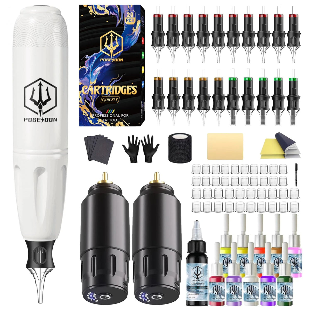 Wireless Rotary Tattoo Machine Kit with 20 Cartridges & Ink Set