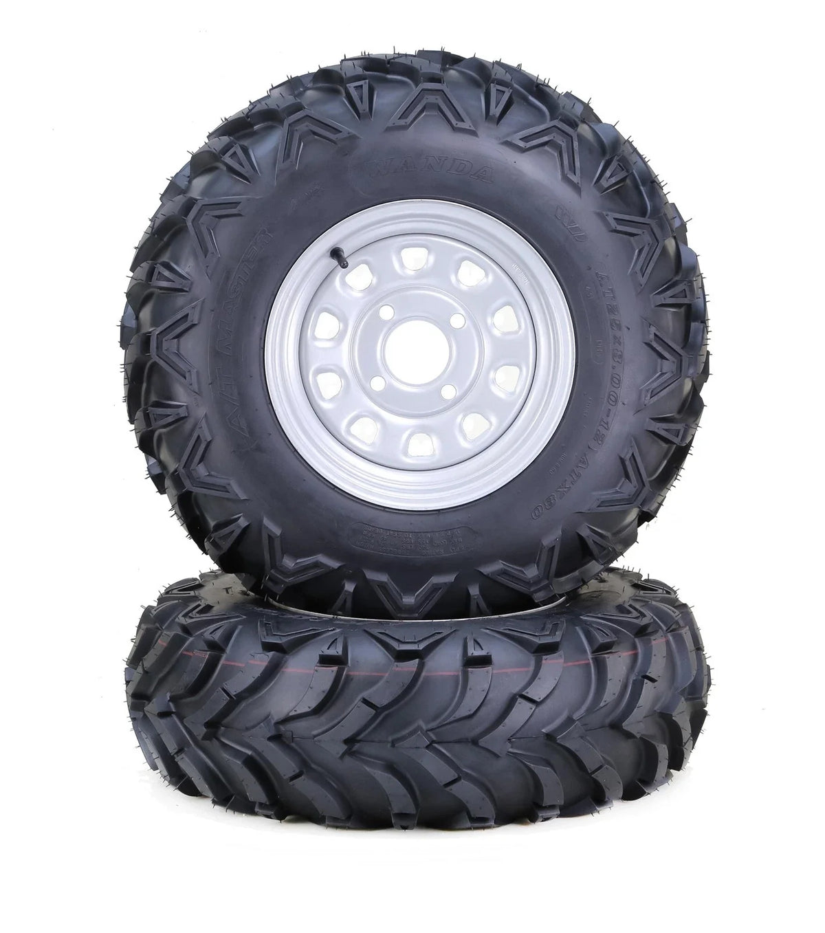 Set of 2 WANDA ATV Tires & Wheels 24X8-12 Solid Mud 4-110 PCD 5+2 OS Silver