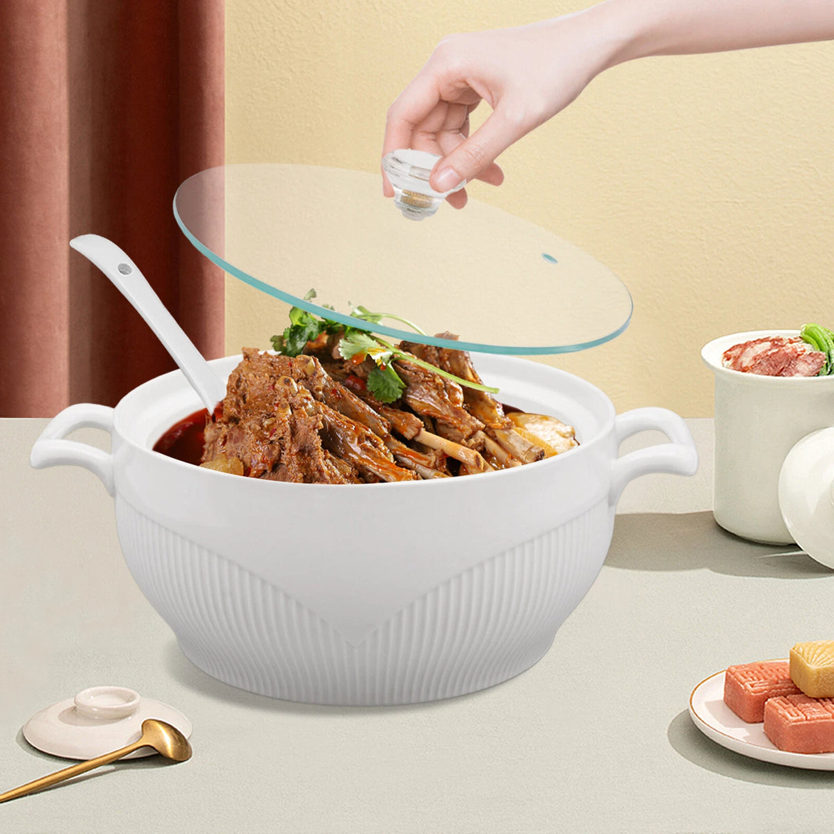 Elegant Ceramic Soup Tureen with Glass Lid and Ladle