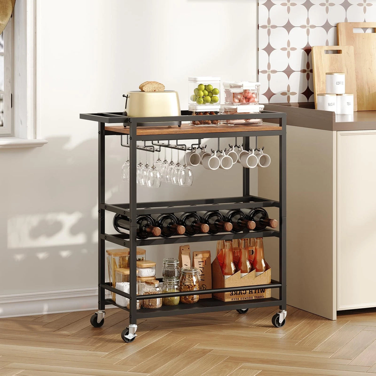 Rolling Wine Cart with Glass Holders - 3-Tier Serving Cart