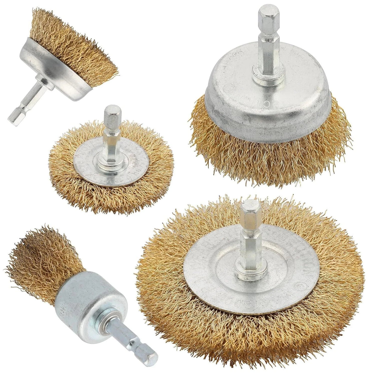 5 Pcs Wire Brush Set for Drill - Brass Wire Wheel, 1/4 Inch Hex Shank