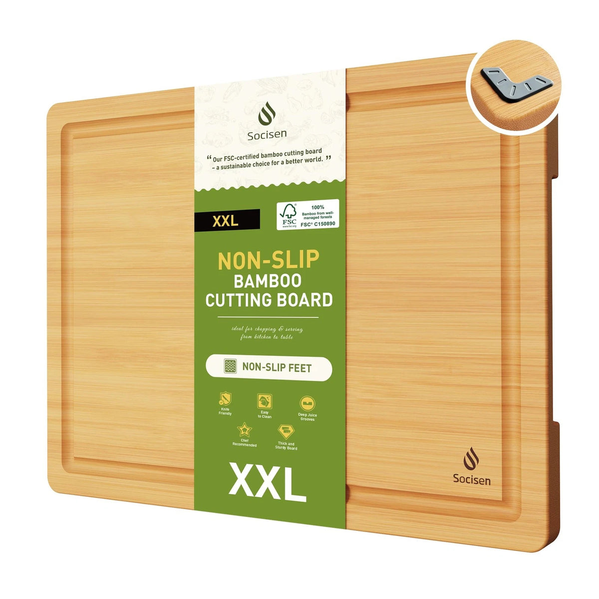 Extra Large Bamboo Cutting Board with Non-Slip Feet for Over Sink