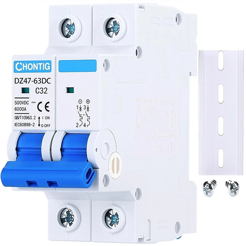 32 Amp Miniature DC Circuit Breaker for Solar PV Disconnect (500V, 2 Pole)