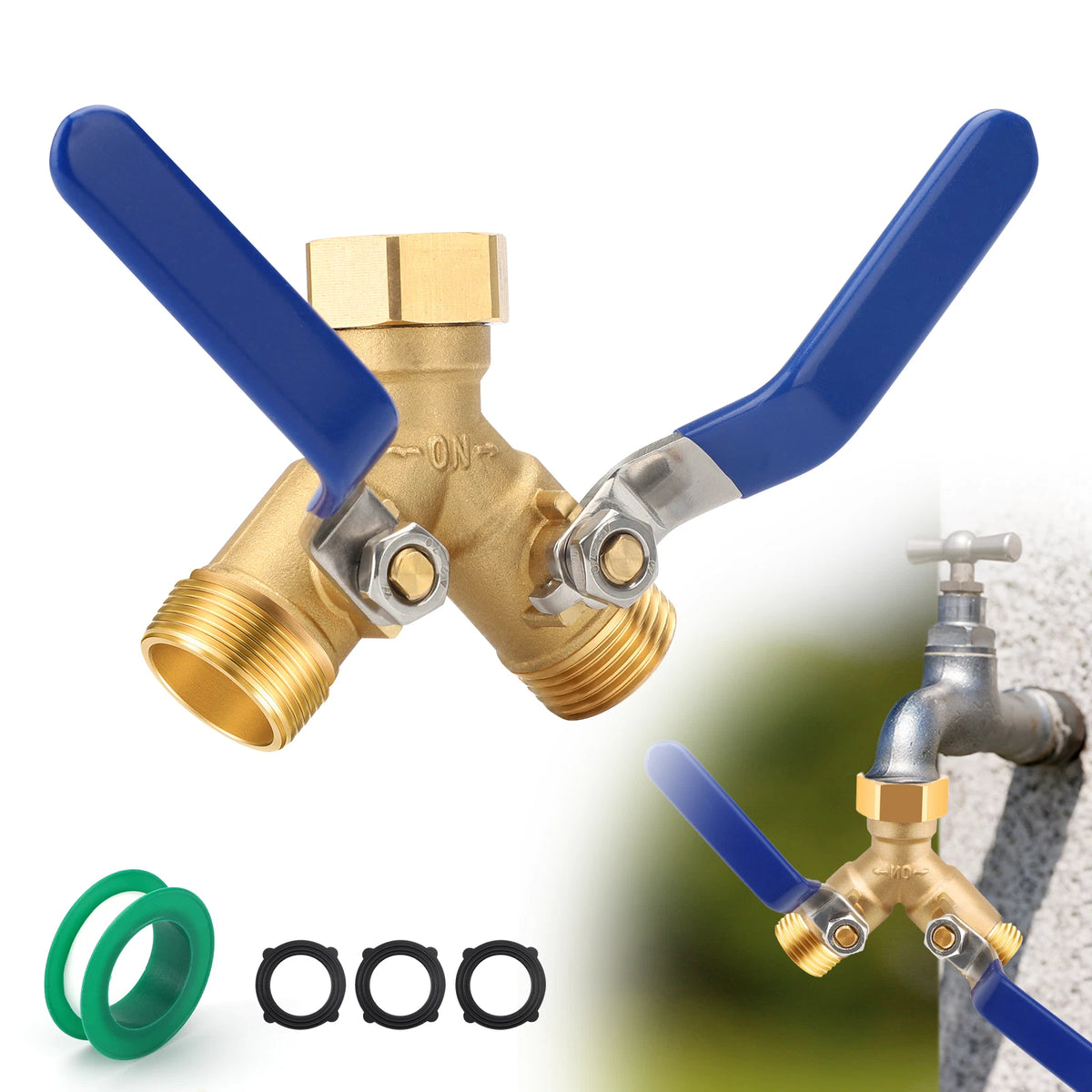 2-Way Brass Garden Hose Splitter Adapter for Outdoor Use