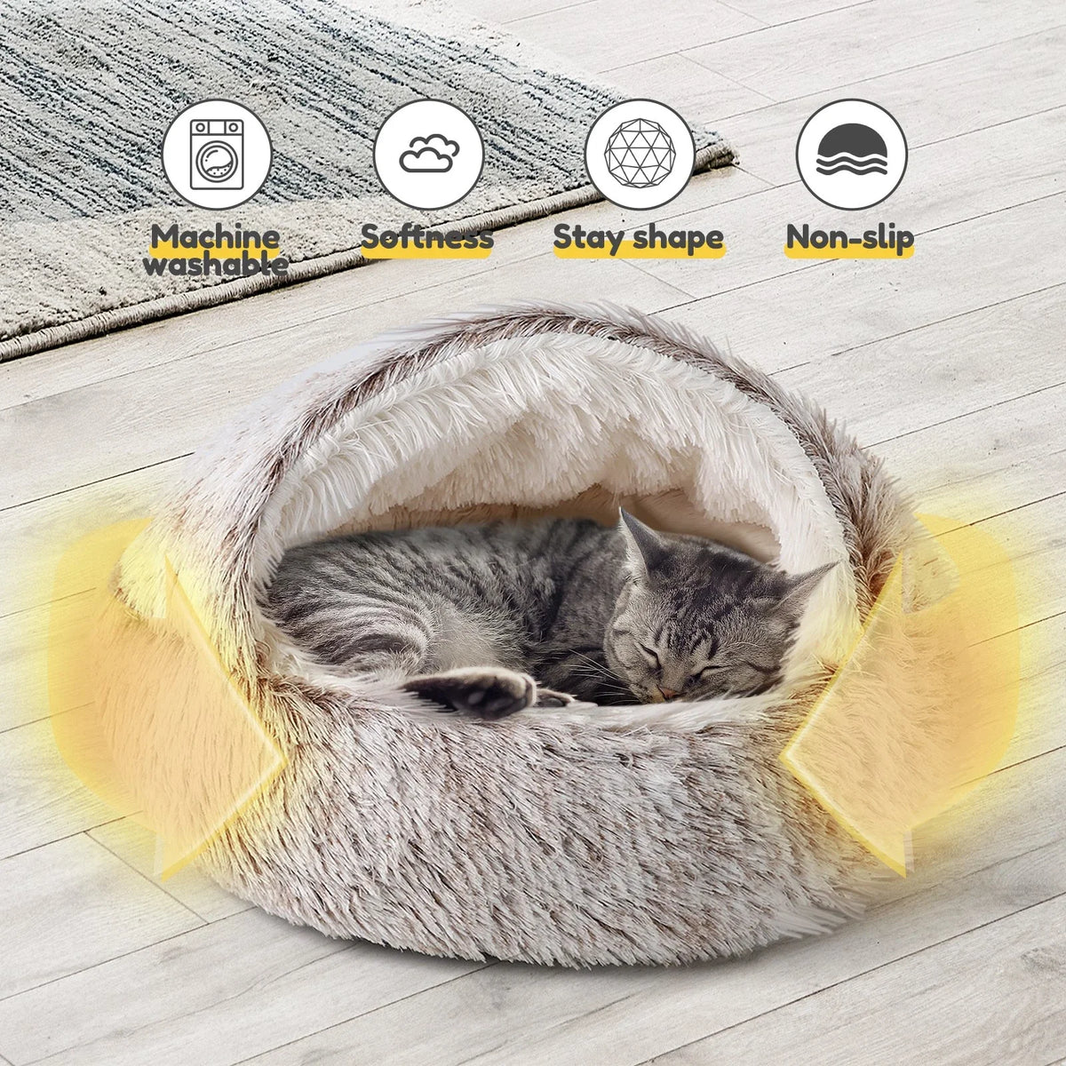 Cozy Cat Pod Plush Hooded Cat Bed Cave Self Warming Non-Slip Bottom