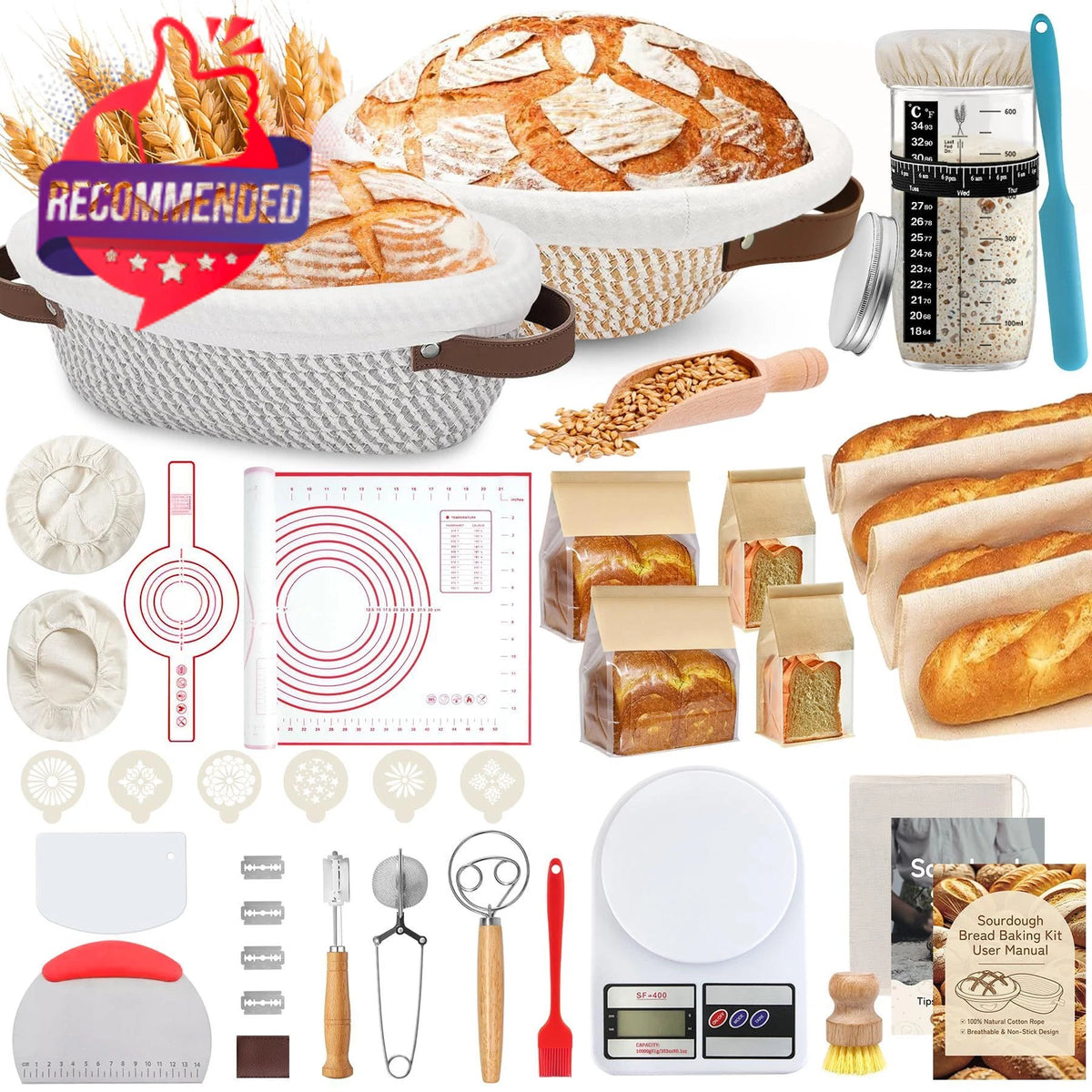 38 Pcs Sourdough Starter Kit with Cotton Rope Banneton Bread Proofing Basket
