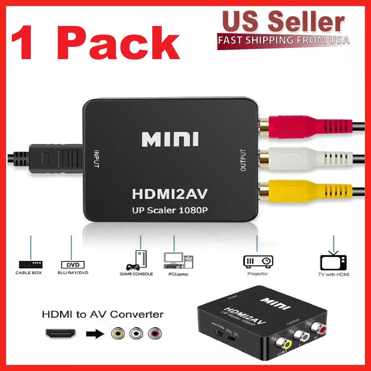HDMI to RCA AV Adapter Converter Cable 1080P Composite Video Audio