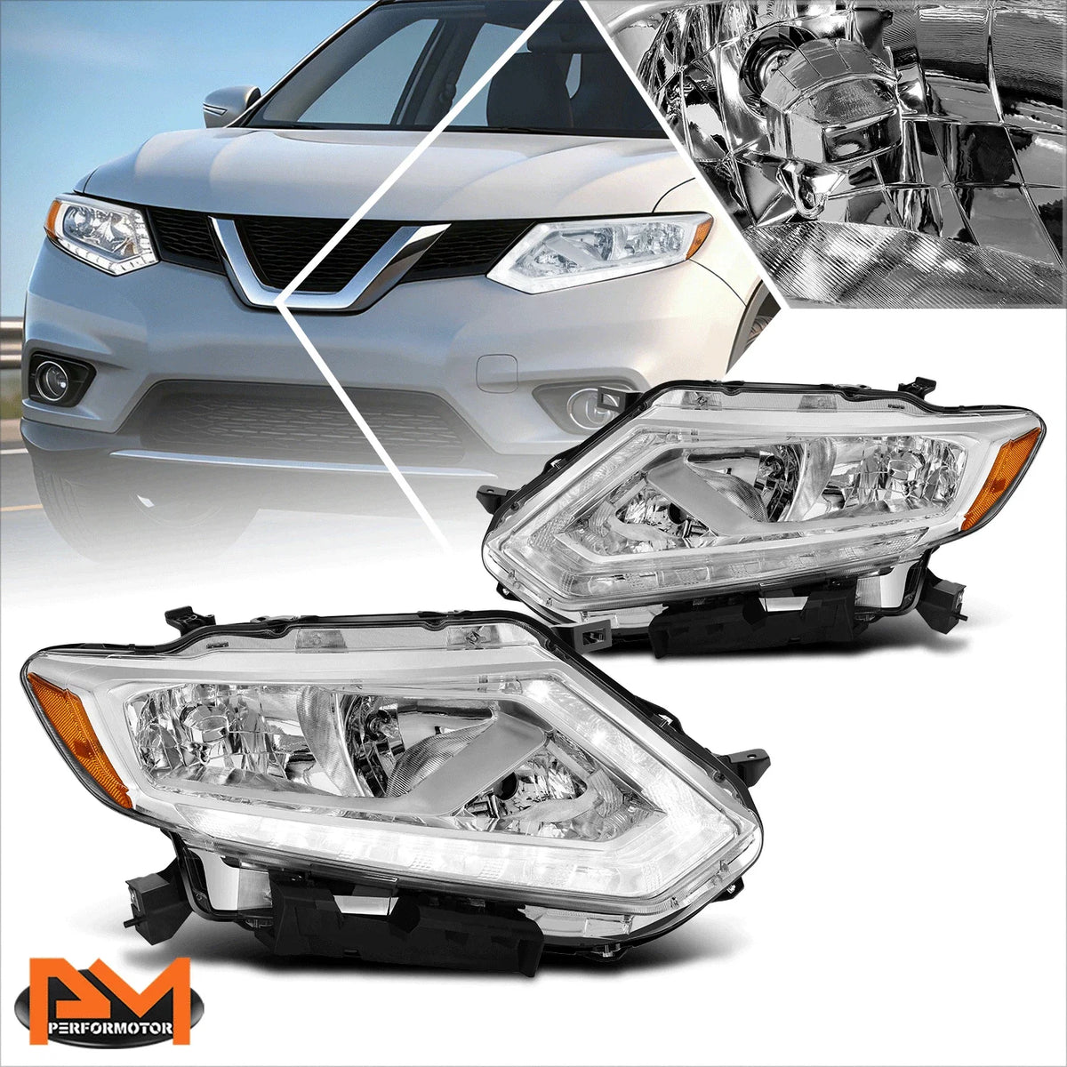LED DRL Bar Headlight for Nissan Rogue (2014–2016) - Chrome Housing, Amber Side
