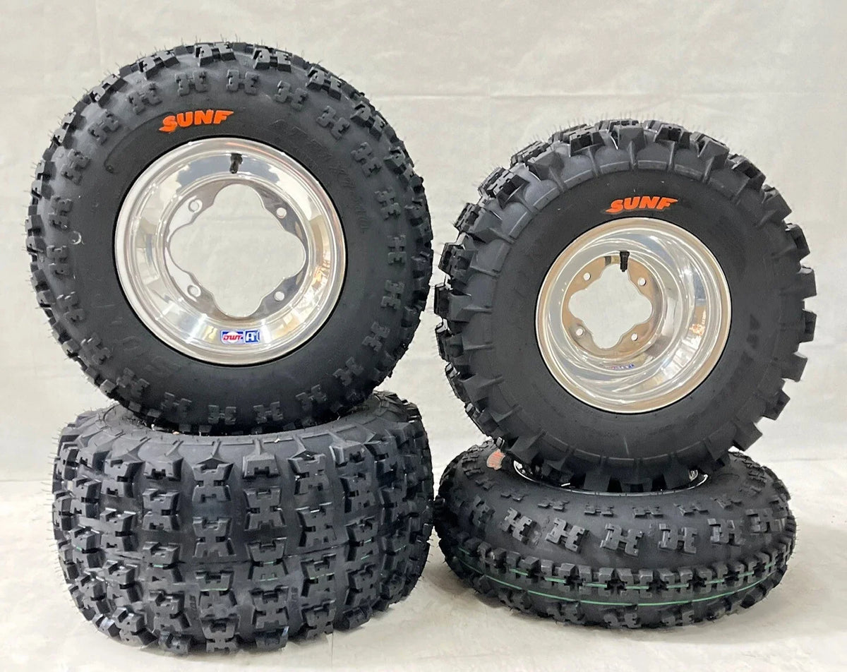 Set of 4 DWT A5 Polished Rolled Lip Rims & Sunf A027 Tires for Honda TRX 400EX (2000–2009)