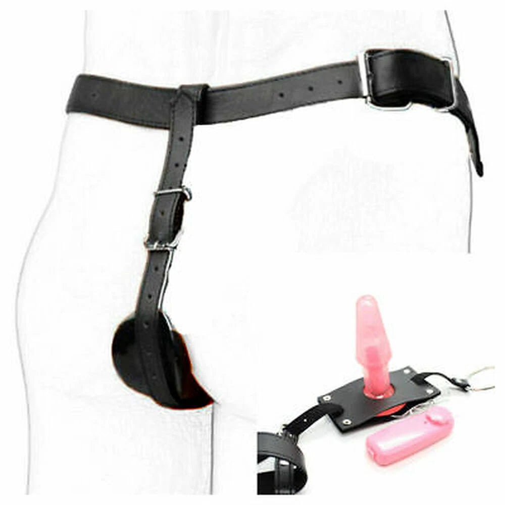 PU Leather Harness Chastity Belt with Vibrating Plug for Male
