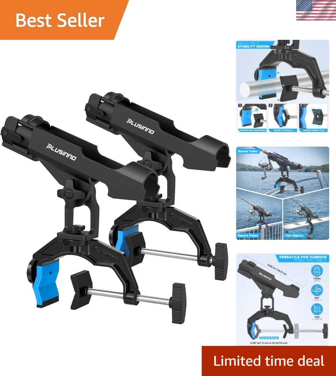 2-Pack Fishing Rod Holders for Boats - Dual-V Design & Protective Strap