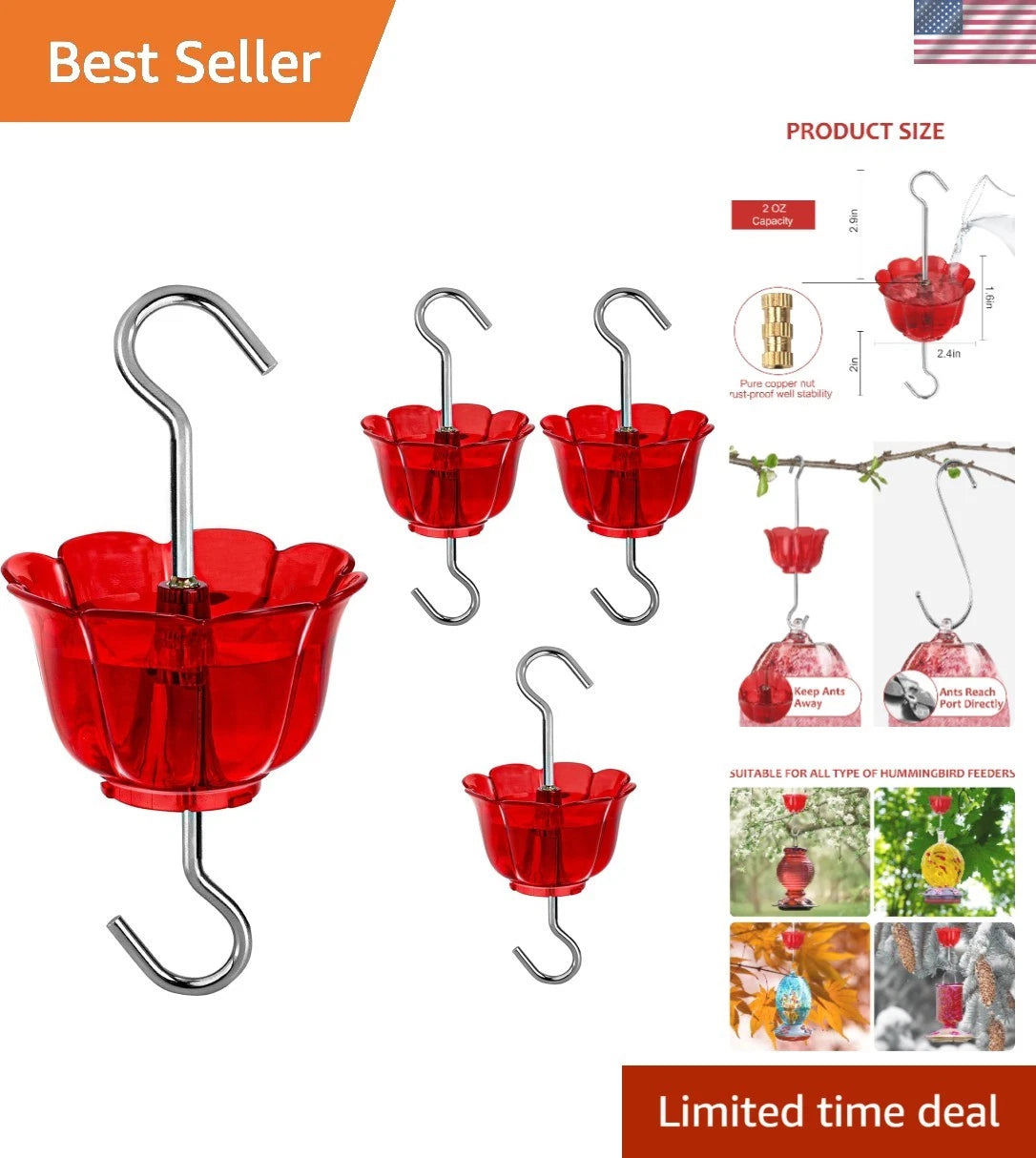 4-Pack Ant Moat for Hummingbird Feeders (2 oz Capacity, Leakproof Design)