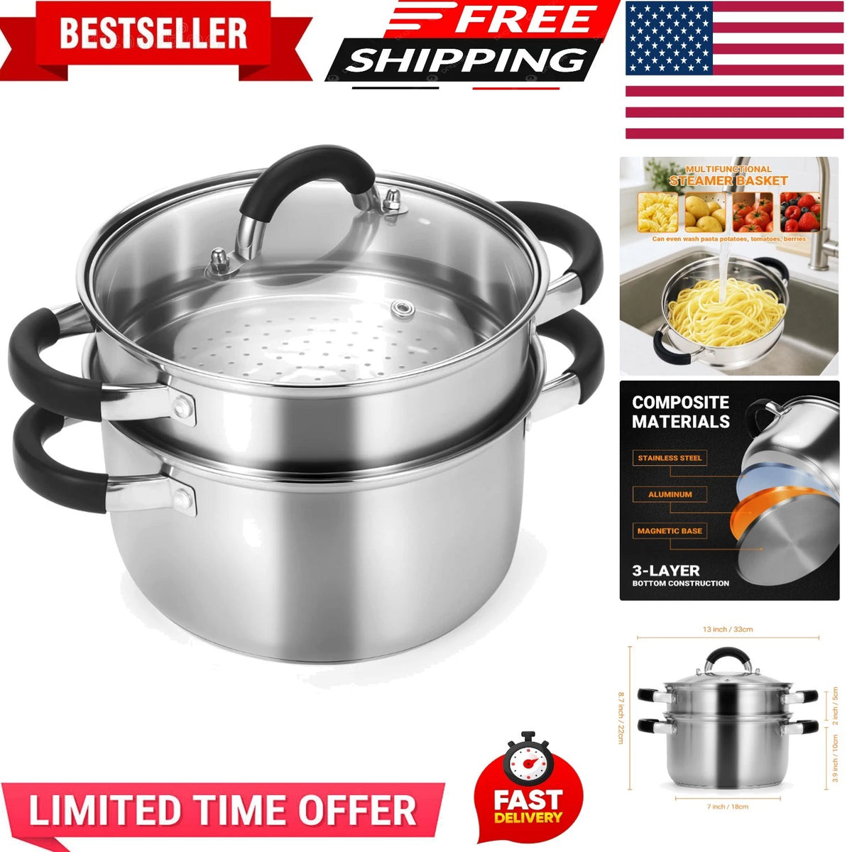3.2QT Steamer for Cooking (Stainless Steel)