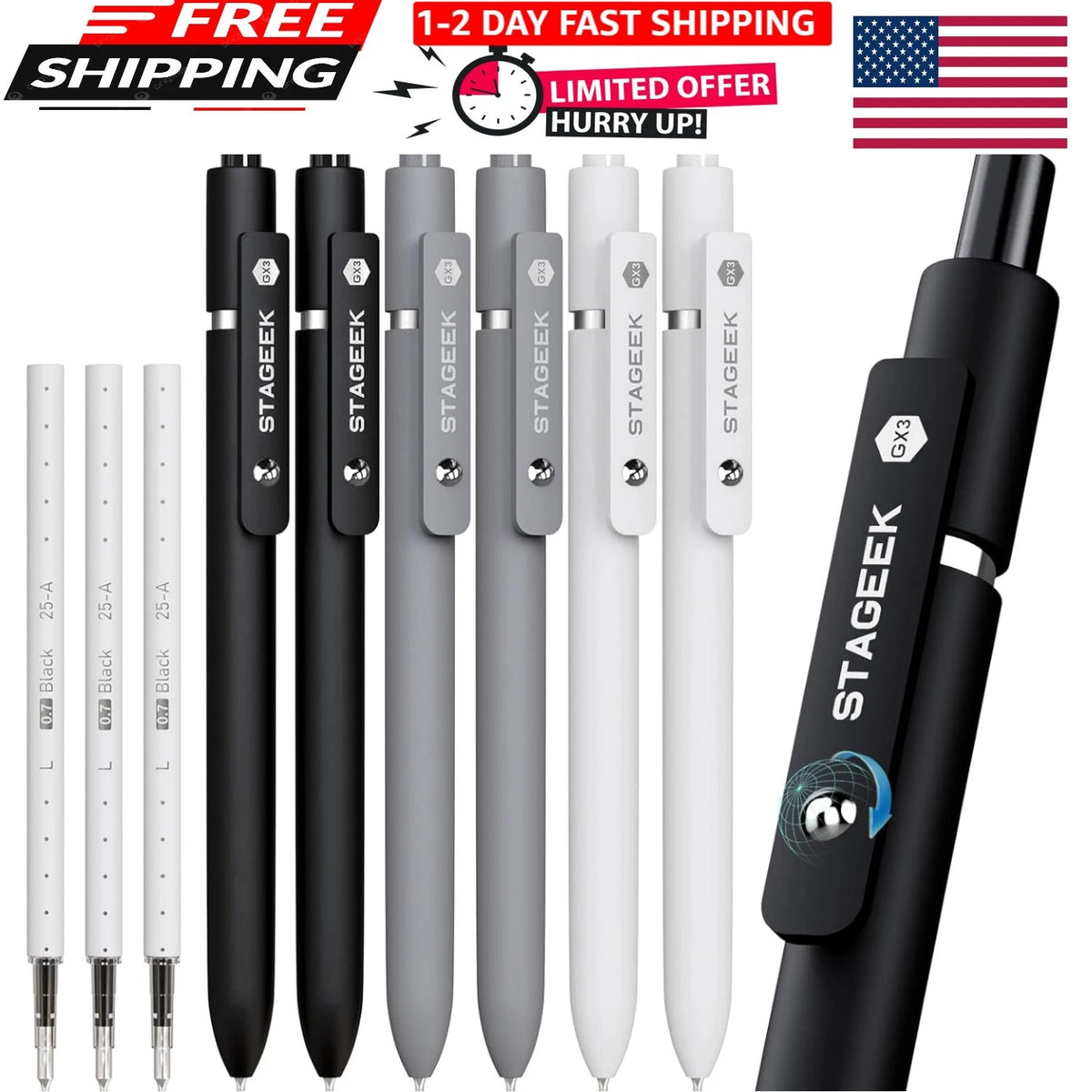 6 Black Gel Pens Set with 3 Extra Refills